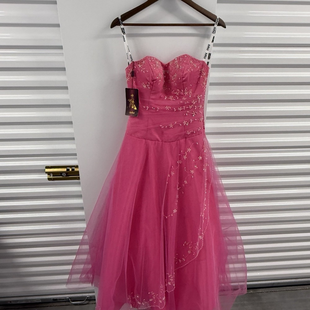Juliet 1067 NWT Fuchsia Pink Beaded Corset Strapless Prom Ball Gown Size S